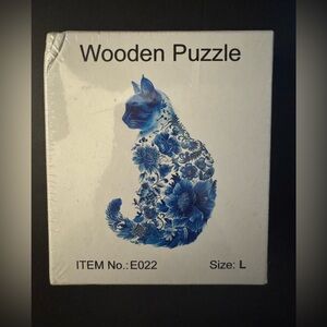 NEW Blue Floral Cat Wooden Puzzle